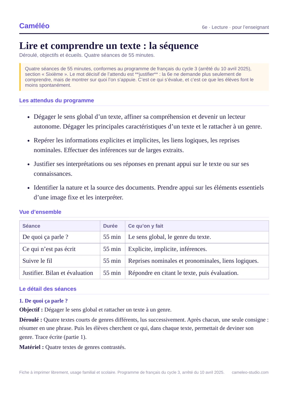 Séquence pour l’enseignant : La séquence complète, séance par séance, 6e