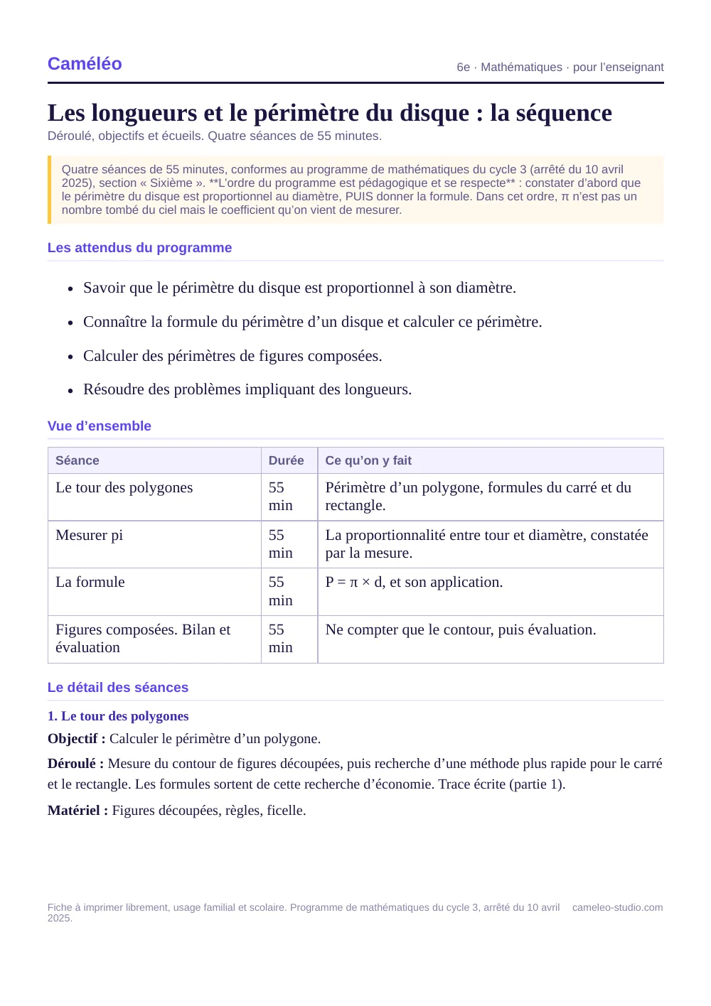 Séquence pour l’enseignant : La séquence complète, séance par séance, 6e