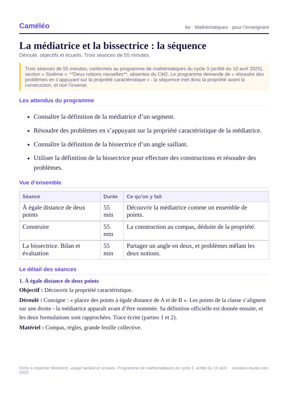 Séquence pour l’enseignant : La séquence complète, séance par séance, 6e