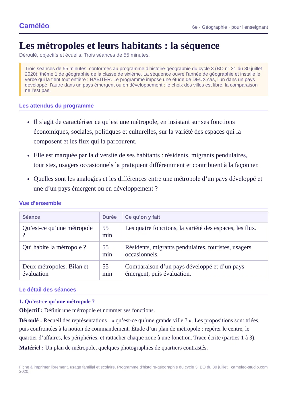 Séquence pour l’enseignant : La séquence complète, séance par séance, 6e