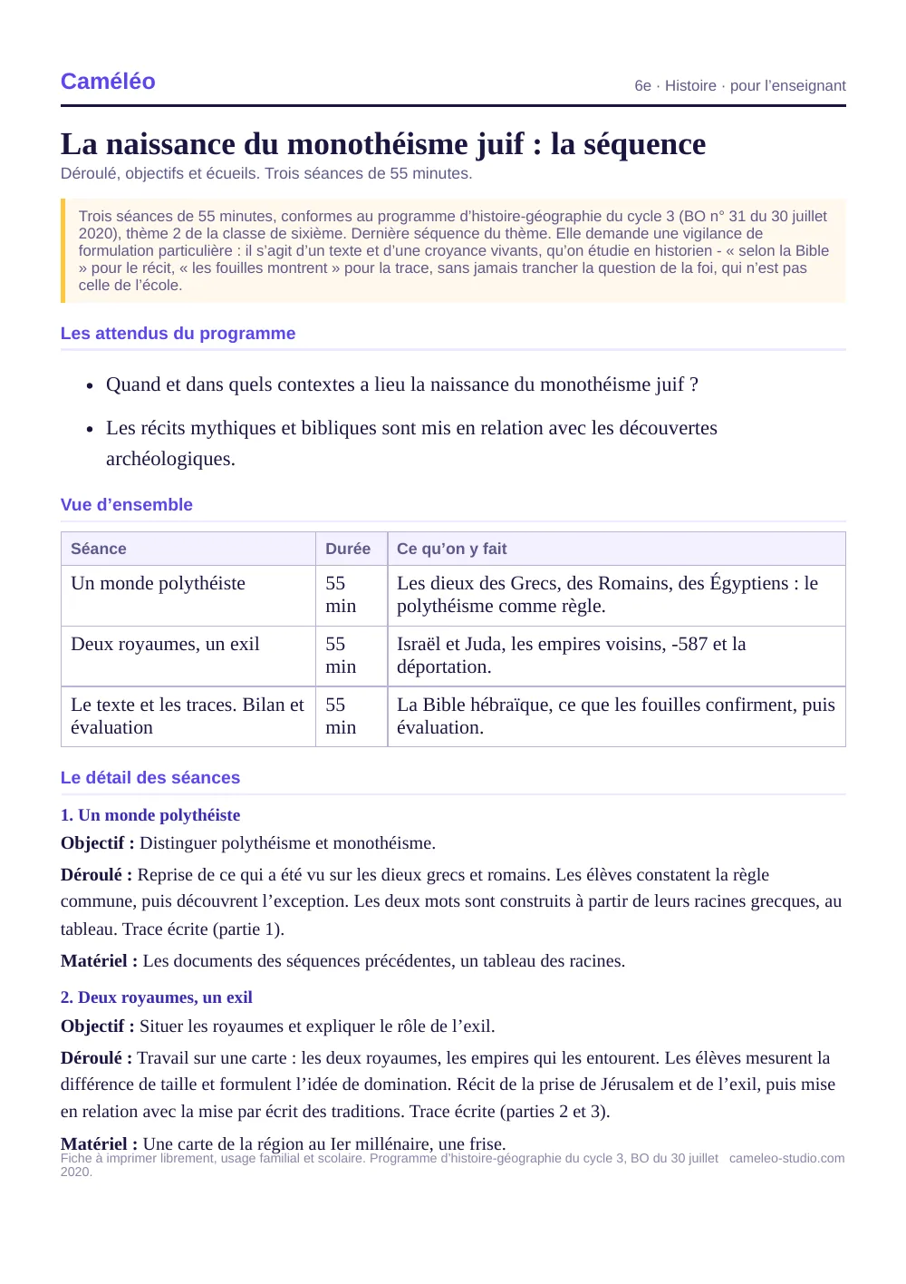 Séquence pour l’enseignant : La séquence complète, séance par séance, 6e