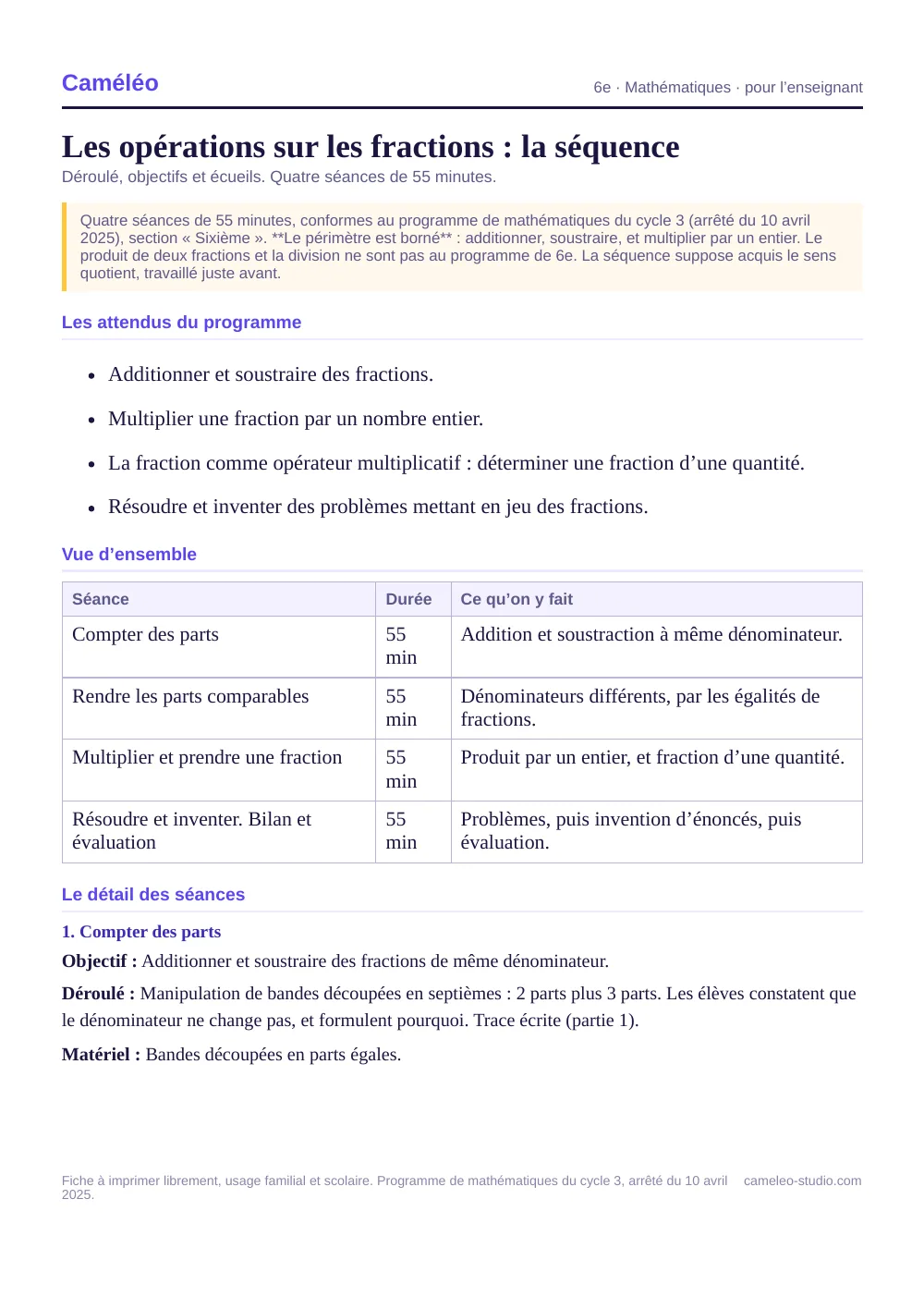 Séquence pour l’enseignant : La séquence complète, séance par séance, 6e