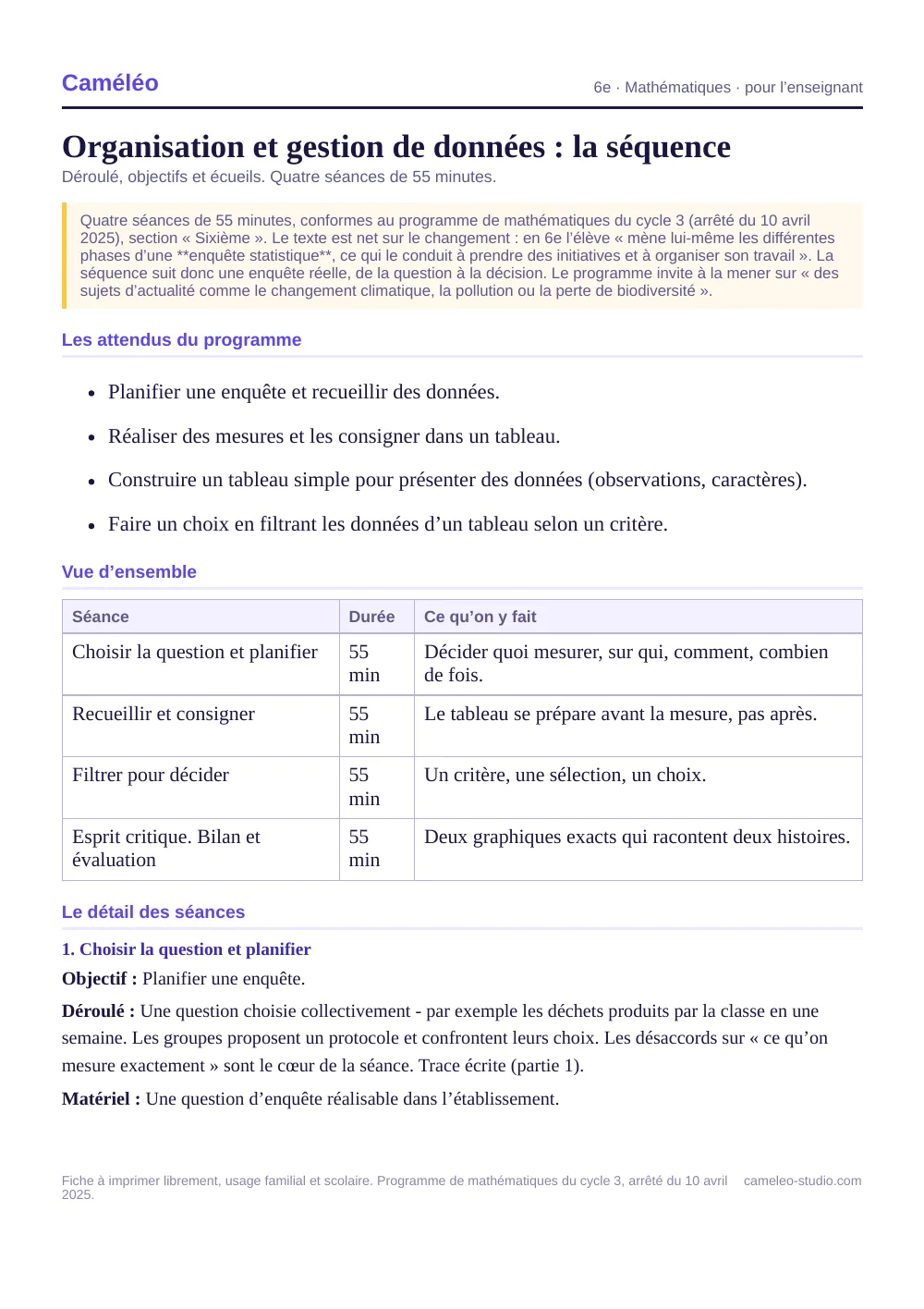 Séquence pour l’enseignant : La séquence complète, séance par séance, 6e