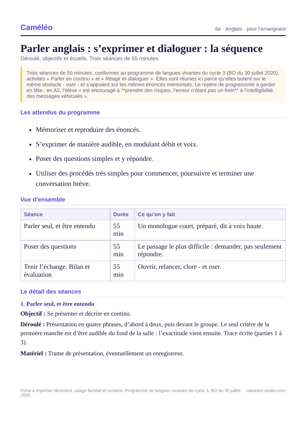 Séquence pour l’enseignant : La séquence complète, séance par séance, 6e