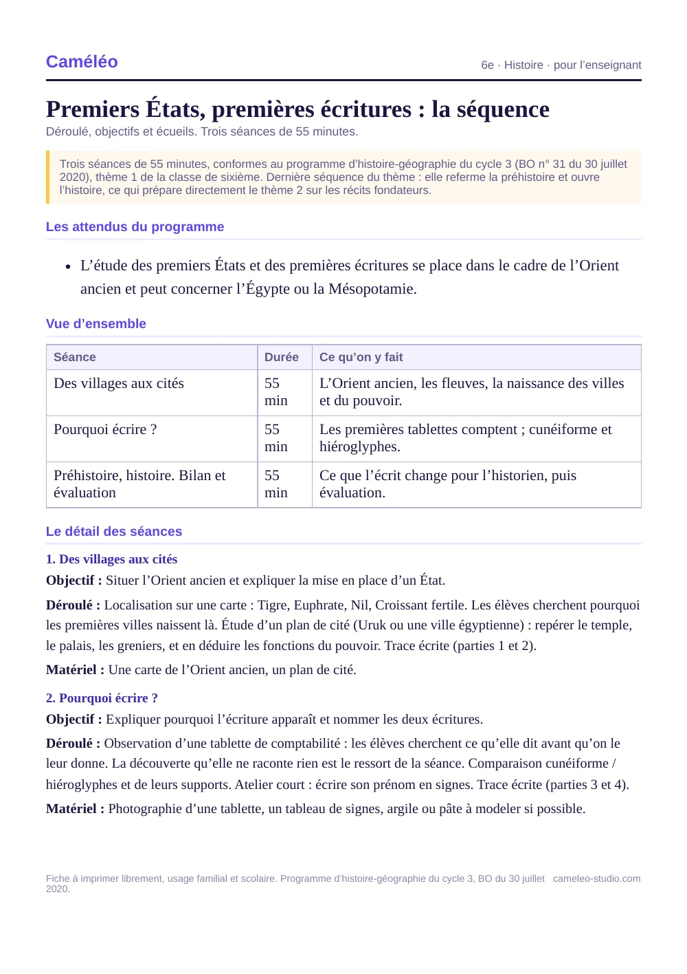 Séquence pour l’enseignant : La séquence complète, séance par séance, 6e
