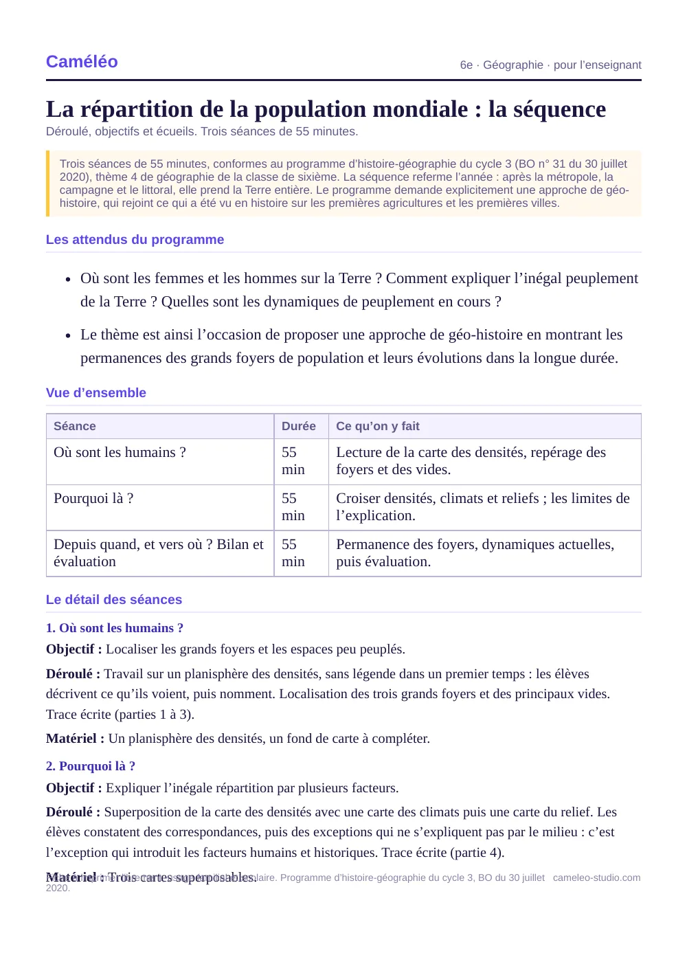 Séquence pour l’enseignant : La séquence complète, séance par séance, 6e