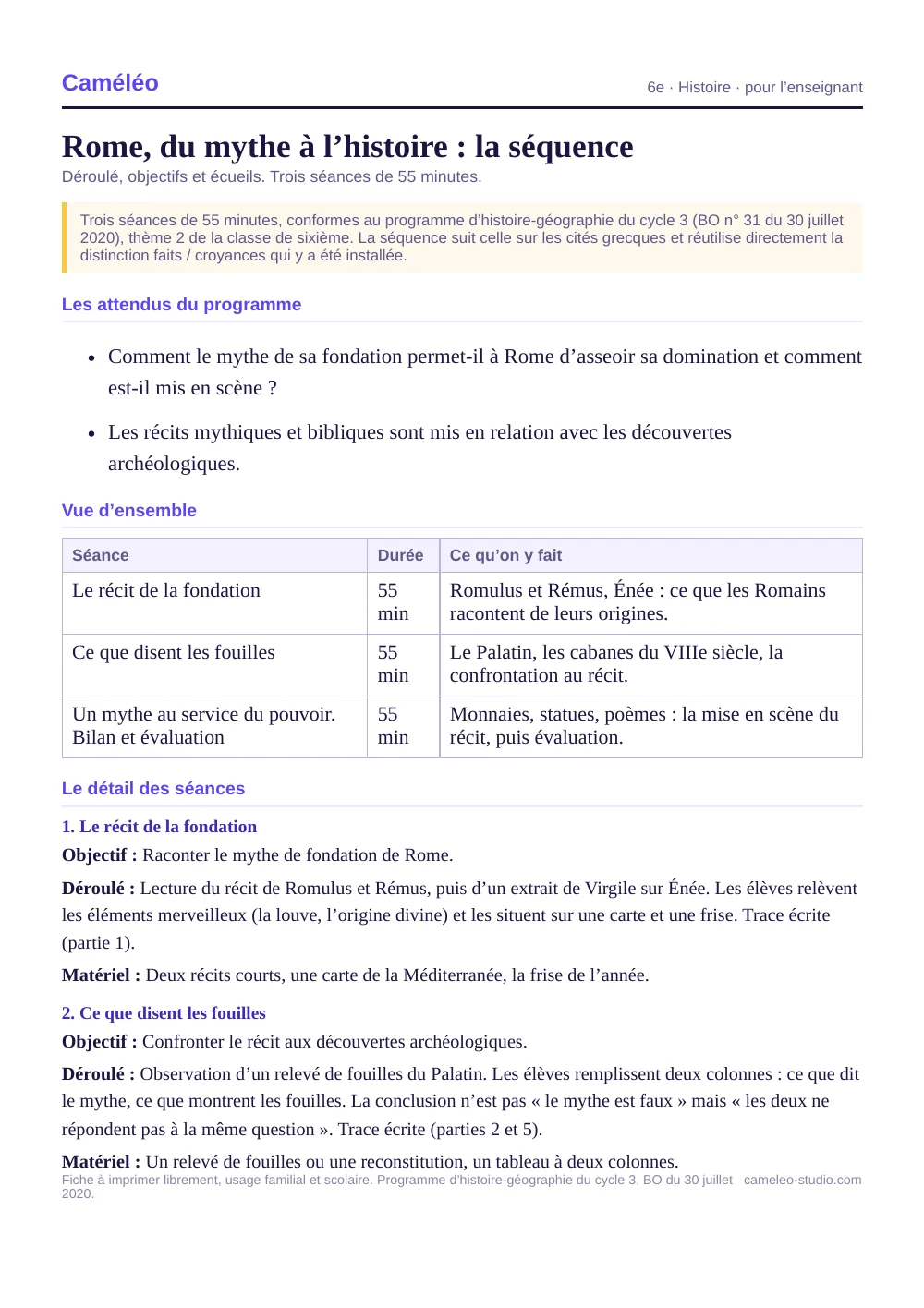 Séquence pour l’enseignant : La séquence complète, séance par séance, 6e