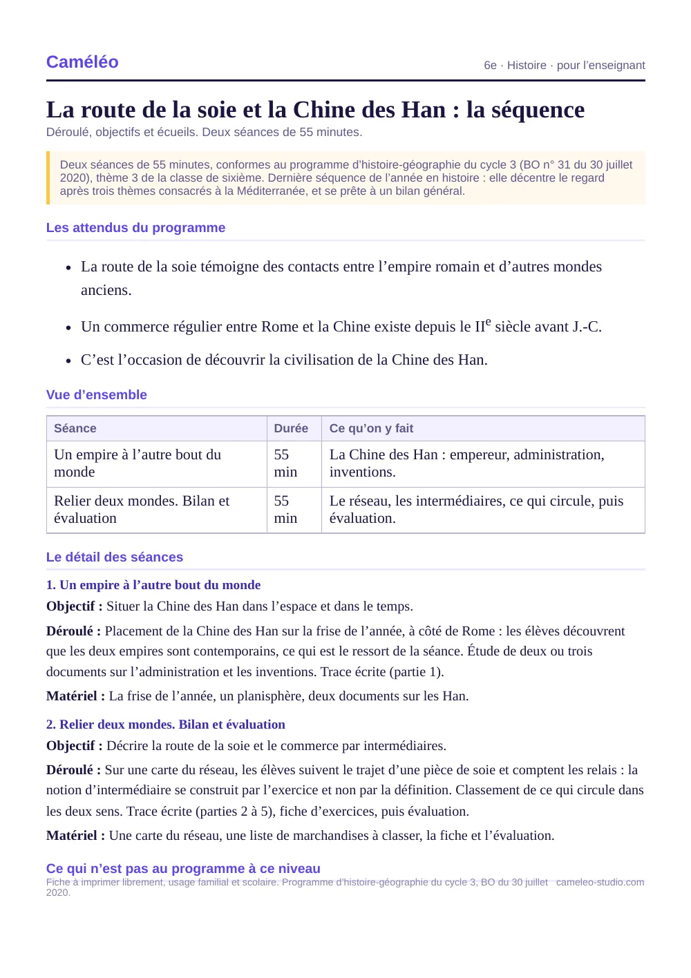 Séquence pour l’enseignant : La séquence complète, séance par séance, 6e