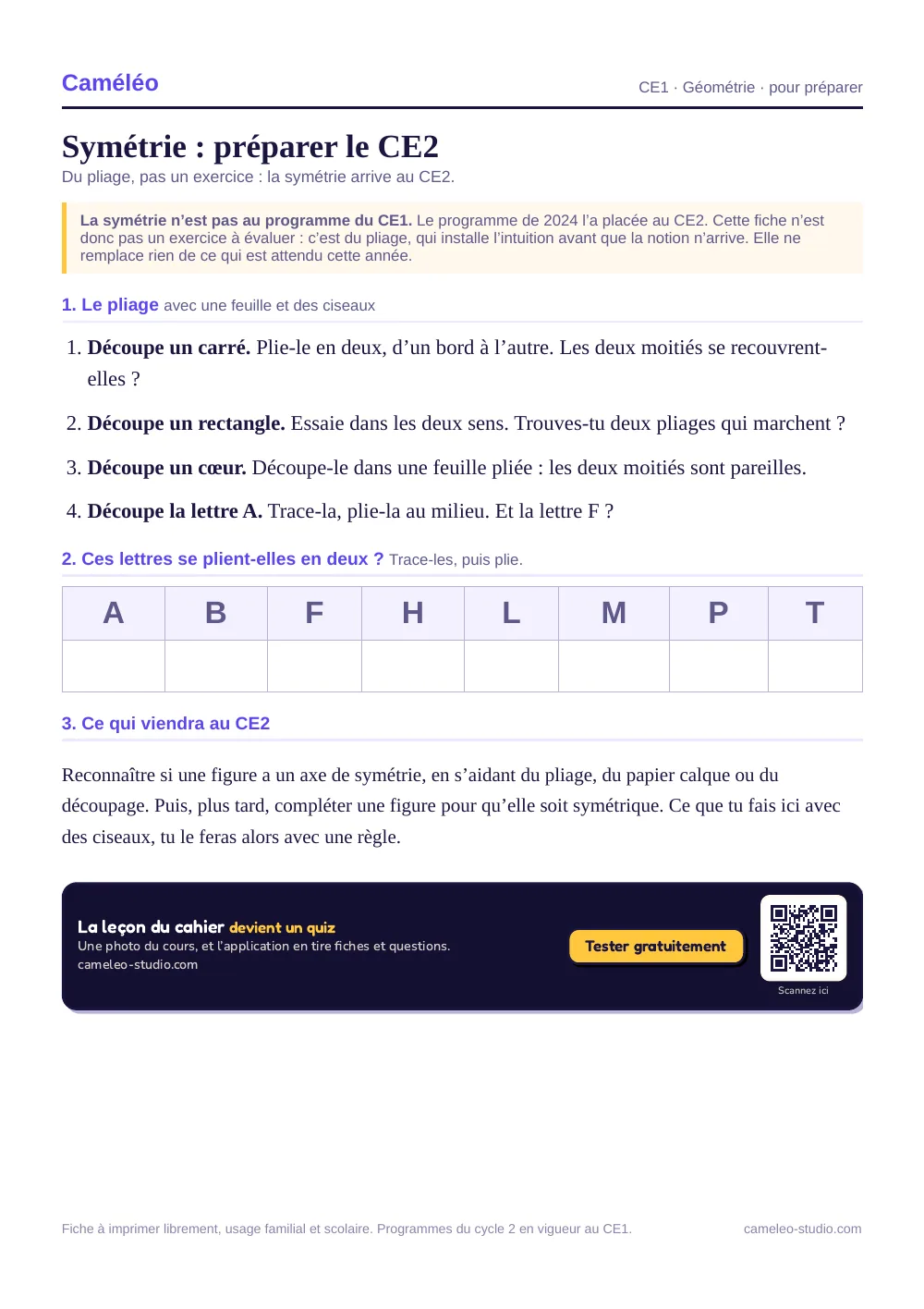 Fiche à imprimer : Symétrie CE1 : préparer le CE2
