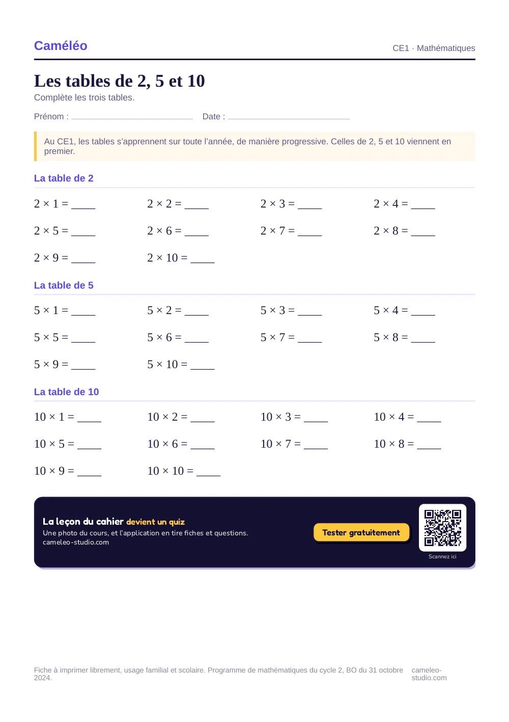 Fiche à imprimer : Les tables de 2, 5 et 10, CE1