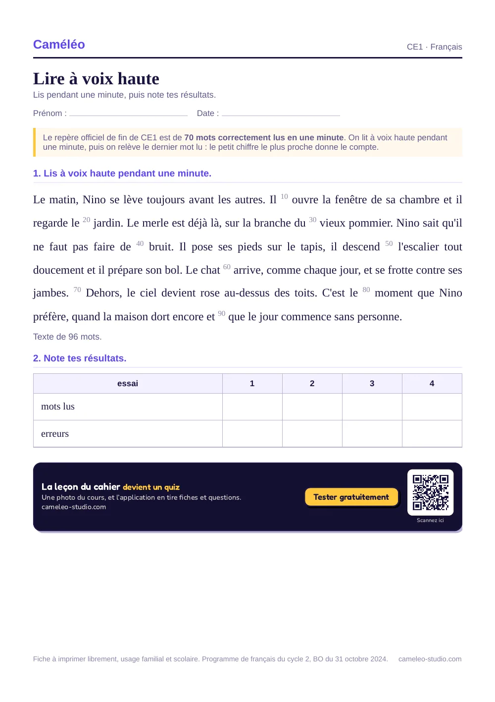 Fiche à imprimer : Lire à voix haute, CE1