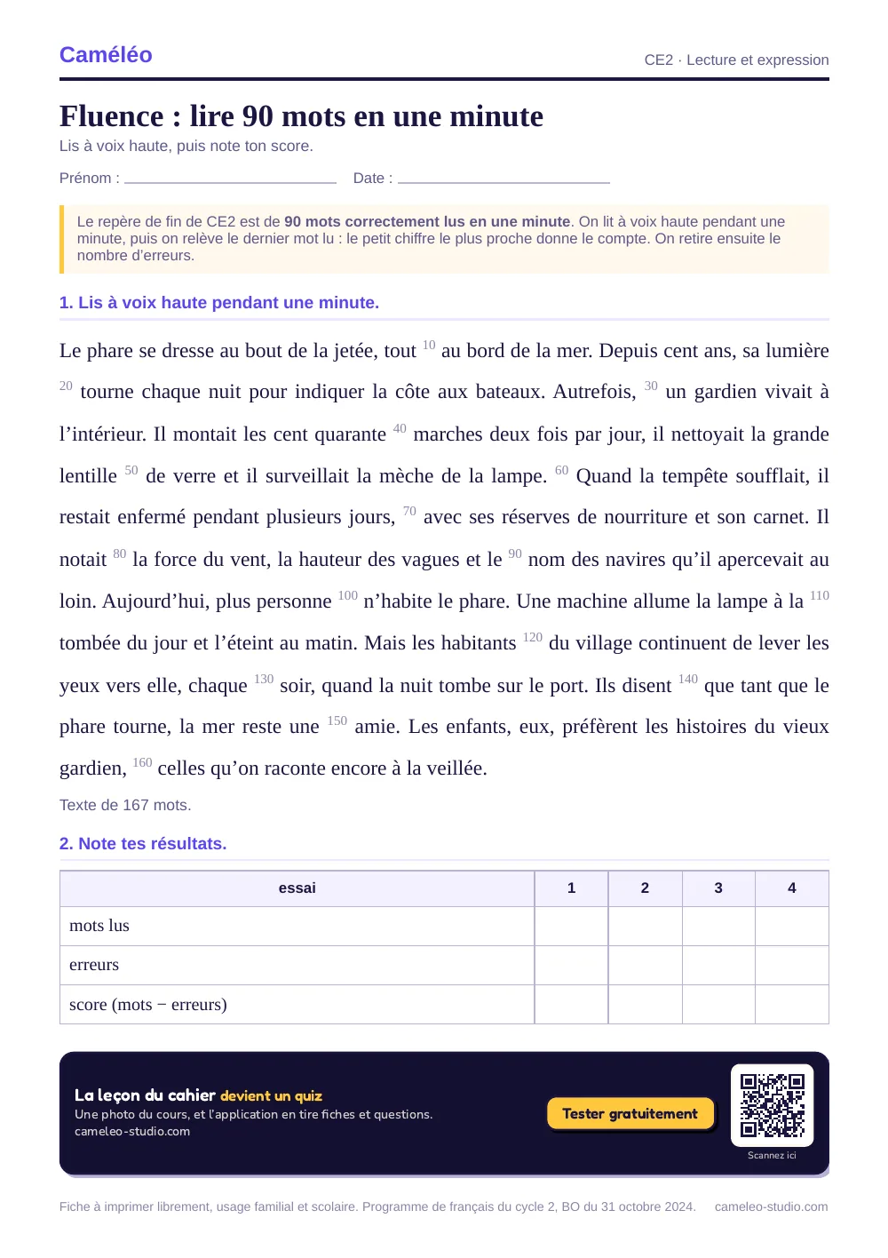 Fiche à imprimer : Texte de fluence CE2