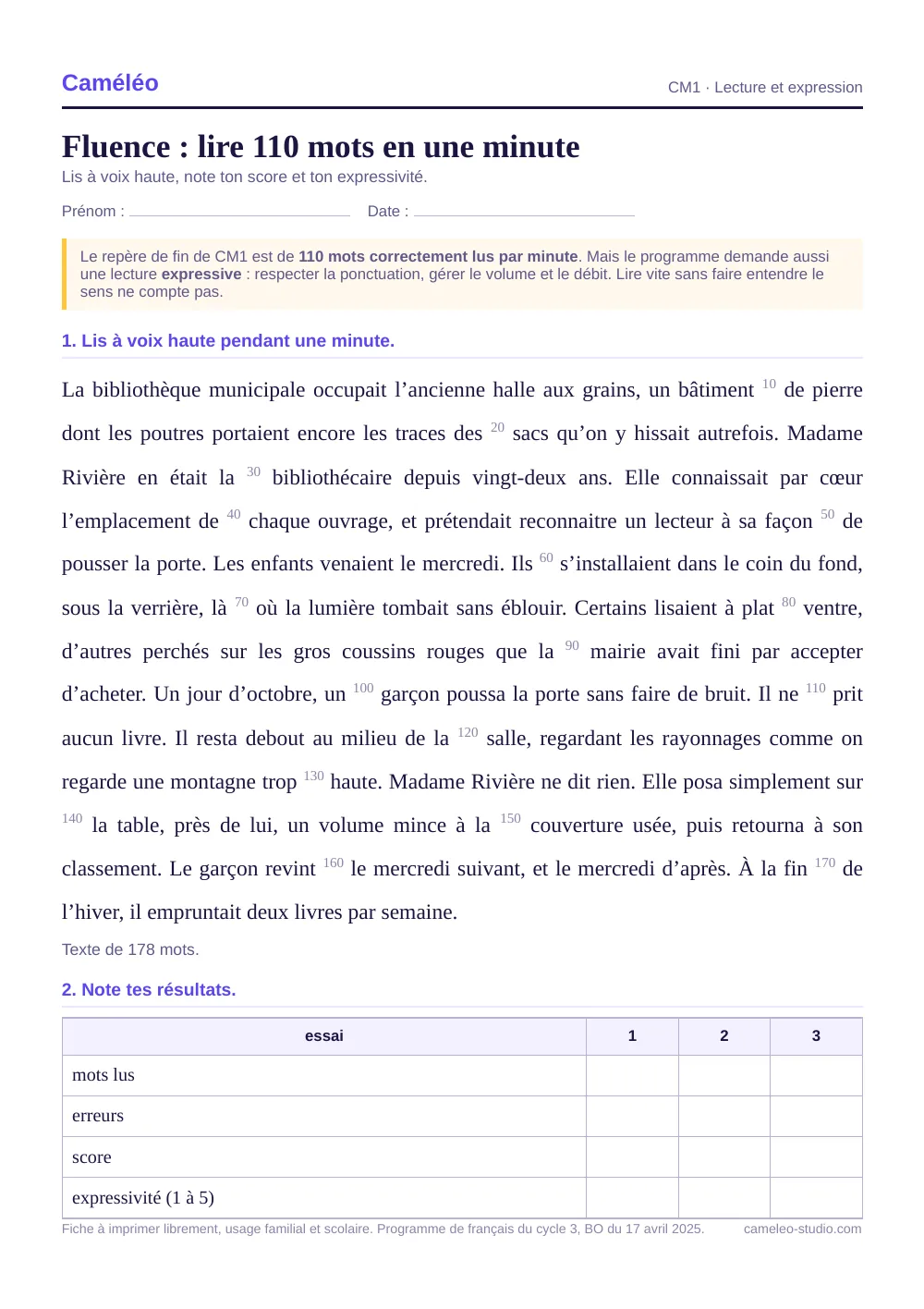 Fiche à imprimer : Texte de fluence CM1