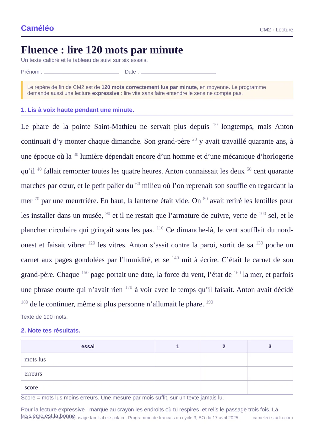 Fiche à imprimer : Fluence CM2 : trois textes et le suivi
