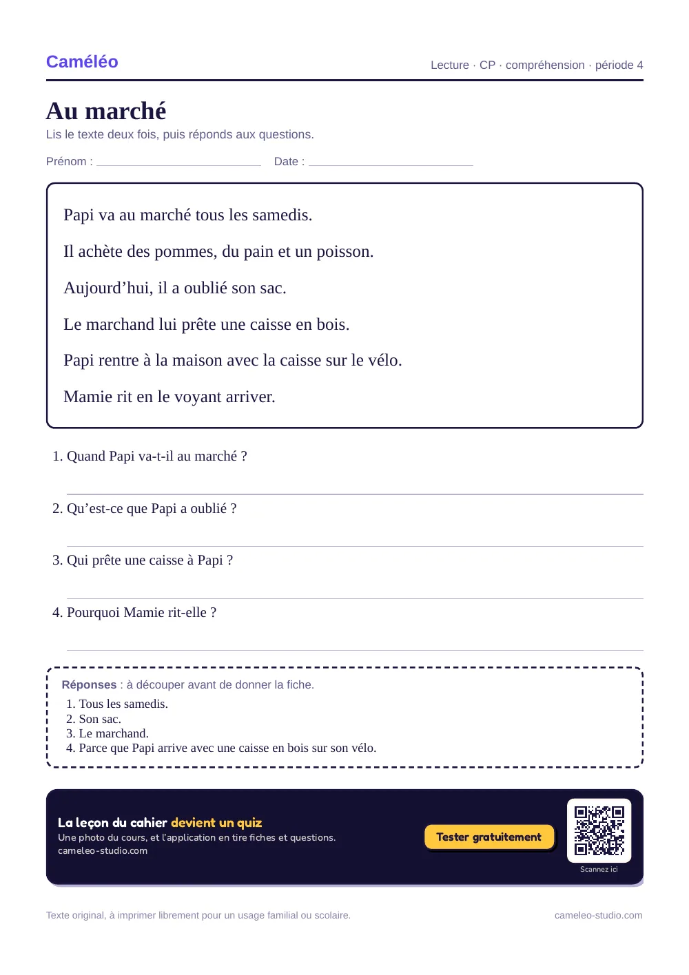 Fiche à imprimer : Au marché, CP
